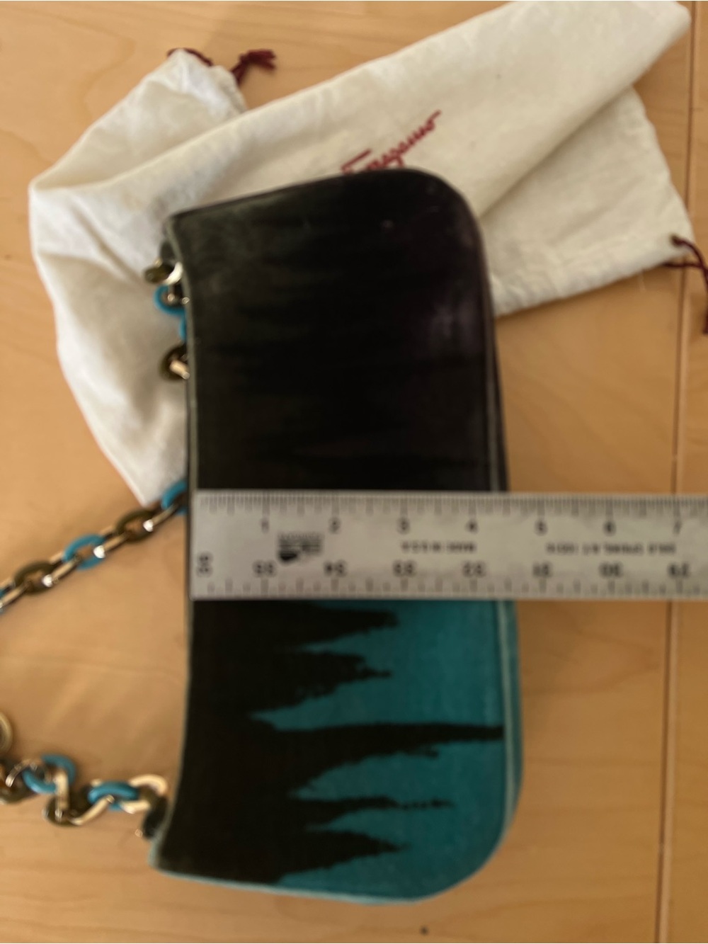 Salvatore Ferragamo Black and Teal Velvet Chain Shoulder Bag - Picture 8 of 8